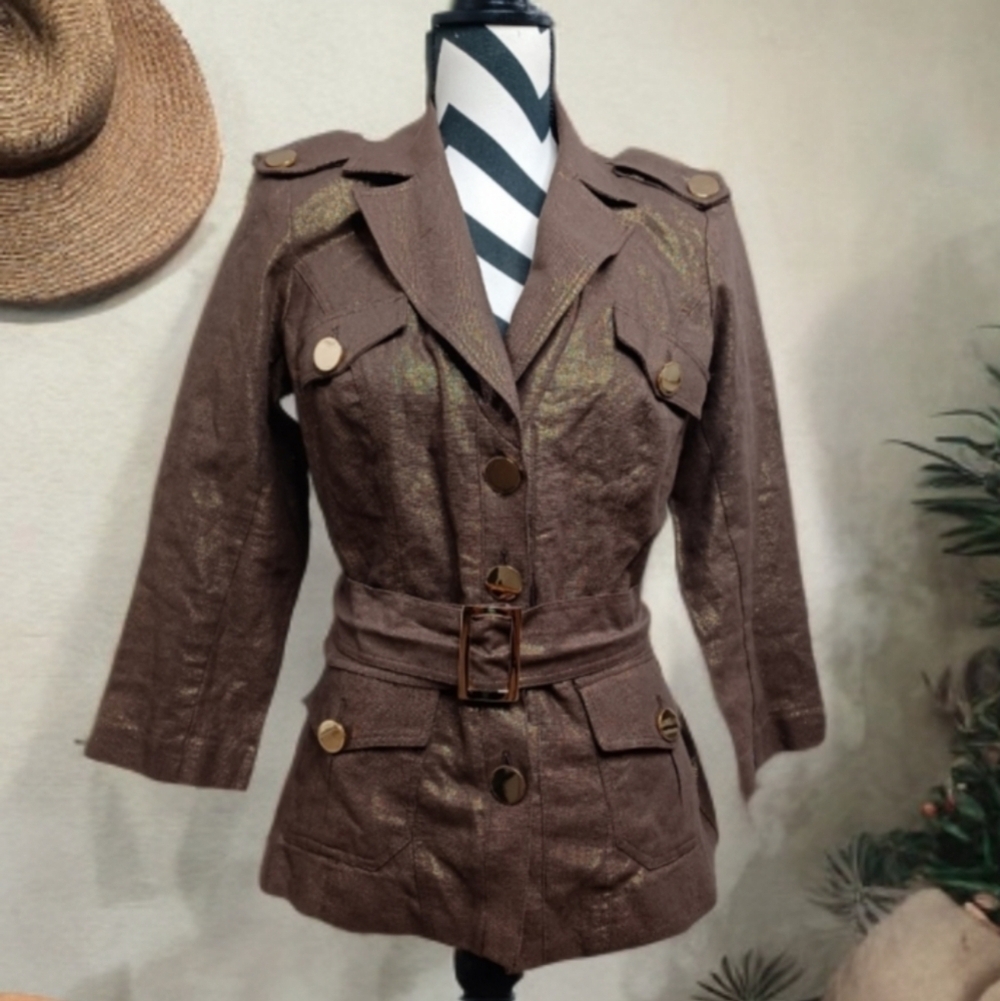 NWT Cache Mob Wife Sz S Metallic Gold Button Front Belted Linen Blend Jacketed.
